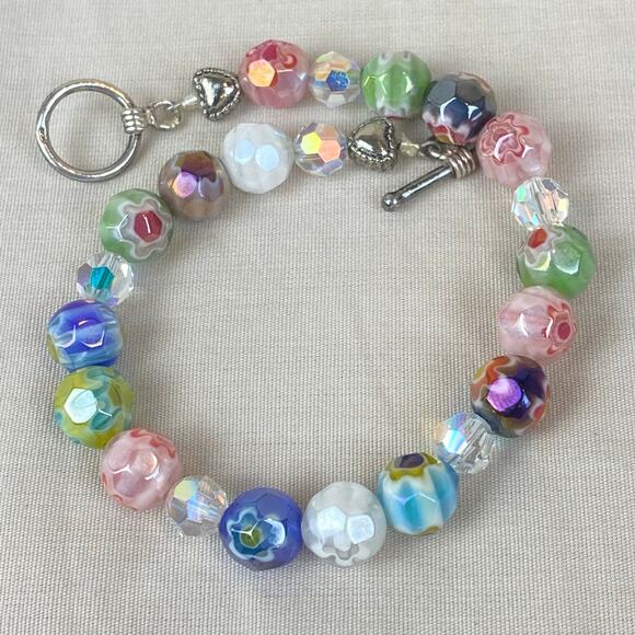 Aurora Borealis Crystal & Floral Colorful Glass Bead Bracelet 925 Silver Toggle - Picture 1 of 10
